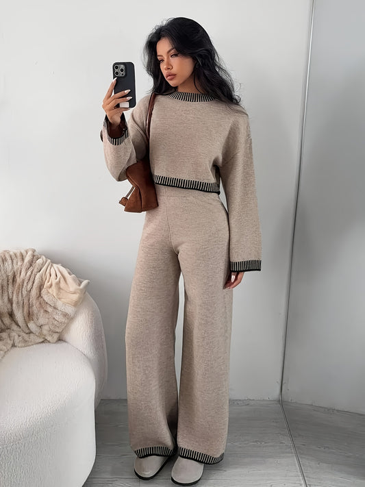 Women's Fall/Winter 2-Piece Crew Neck Top & High-Waist Pants Set - ayq
