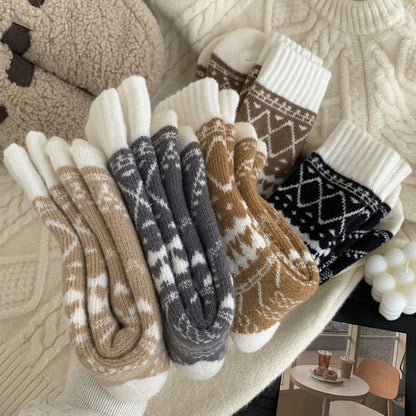 5 Pairs Women's Warm Winter Socks with Ethnic Diamond Pattern