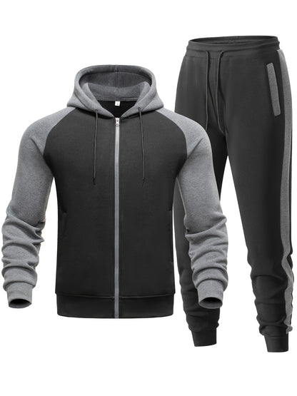 Men'S Casual Sports Hoodie Two-Piece Set with a Color-Blocked Design, Featuring a Zip And Drawstring Waist, Suitable for Jogging in All Seasons