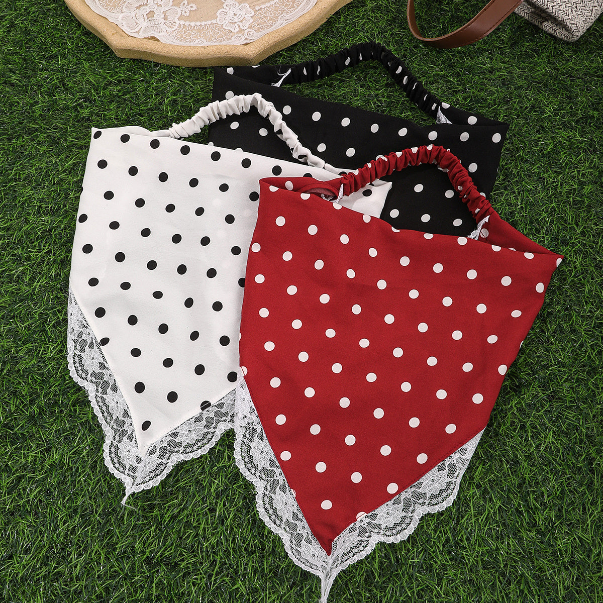 Women’s Stretch Lace Trim Polka Dot Bandana Headscarf