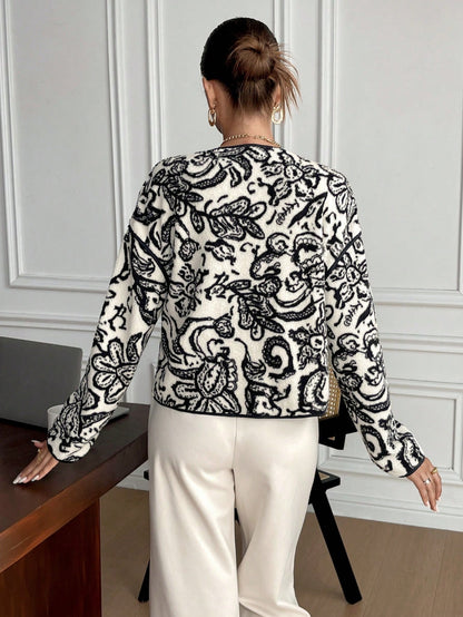 Women's Elegant Black & White Floral blazer - Tie-front closing, Non-Stretchy structure for Fall/Winter, Office, Party, Everyday Chic Jacket - Machine Washable Women's Outerwear, Party Attire, Sophisticated Design