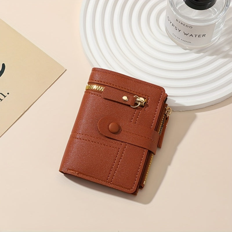 Women'S Stylish Short Wallet with Multiple Zippers, Large Capacity, Foldable, Multifunctional Mini Handbag, Multiple Card Slots for Credit Cards, ID, And Passport.