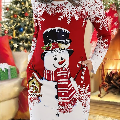 Women's Elegant Short-Sleeve Christmas Snowman Print Dress - Red & White Winter Party Dress with Snowflake Pattern, Round Neck A-Line Silhouette, Machine Washable Holiday Outfit for Xmas, New Year's & Seasonal Events (s)