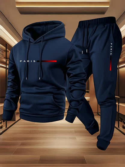 Halloween Men'S Hoodie with PARIS Lettering And Drawstring Sweatpants Set, a Must-Have Outfit for Autumn And Winter, Perfect for Everyday Outdoor Wear