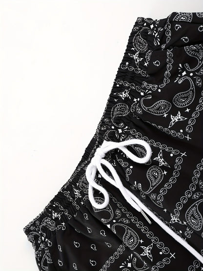Men's Paisley Print Short Sleeve Shorts Single Button Shirt Suit with Elastic Cord and Pockets