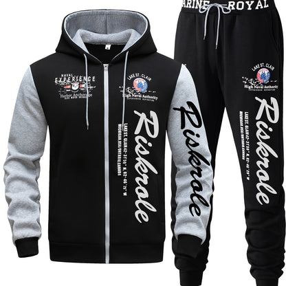 Men's Hooded Letter Print Tracksuit, 2pcs Casual Sports Set, Fashion Hoodie With Full-zip And Elastic-waist Pants, Regular Fit, Outdoor Cloth