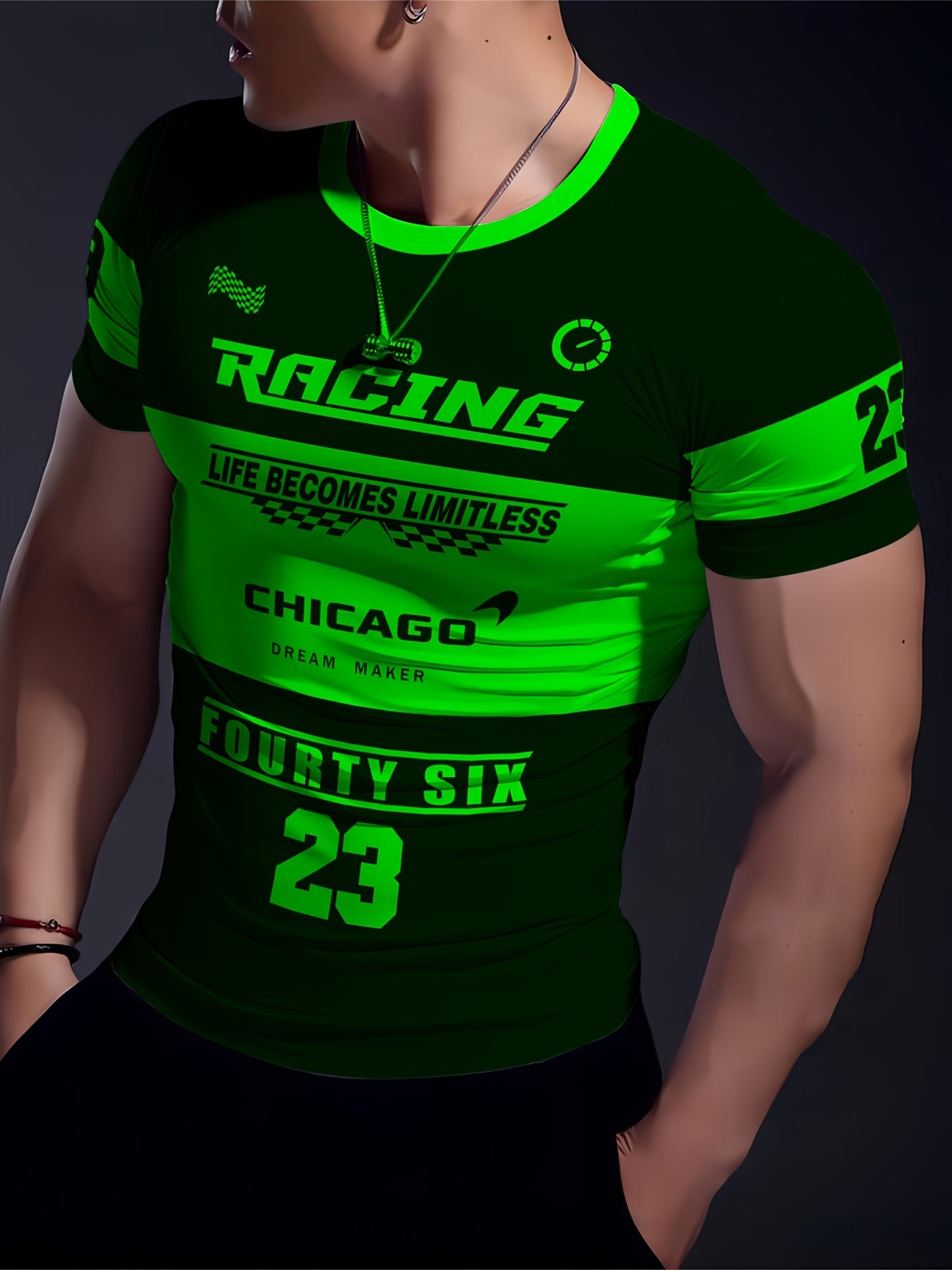 Men'S Racing Graphic T-Shirt - Bold Neon Green  Black Racing Car Design, Lightweight Breathable Fabric for Motorsport Events, Casual Streetwear - Chicago Dream Maker Inspired Casual Attire, Racing Jersey, Event Apparel, Spor