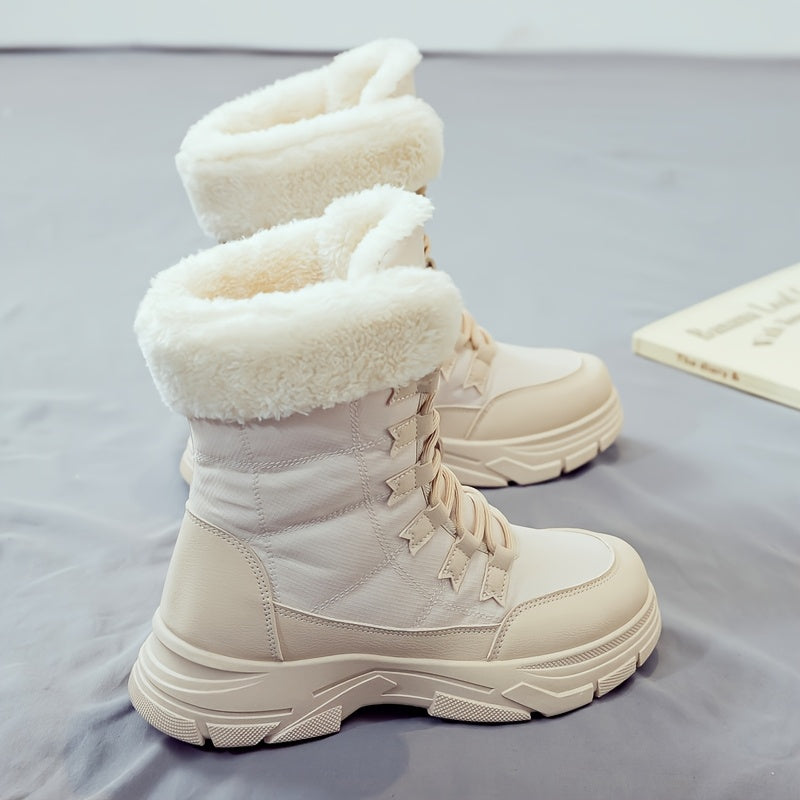 Women'S Winter Boots - Thick Platform Sole for Height & Traction, Lace-Up Mid-Calf Boots with PU Synthetic Cover Upper, Non-Slip PVC Outsole - Beige/White Cold Weather Shoes for Everyday, Formal, Party - Easy-Clean & Durable
