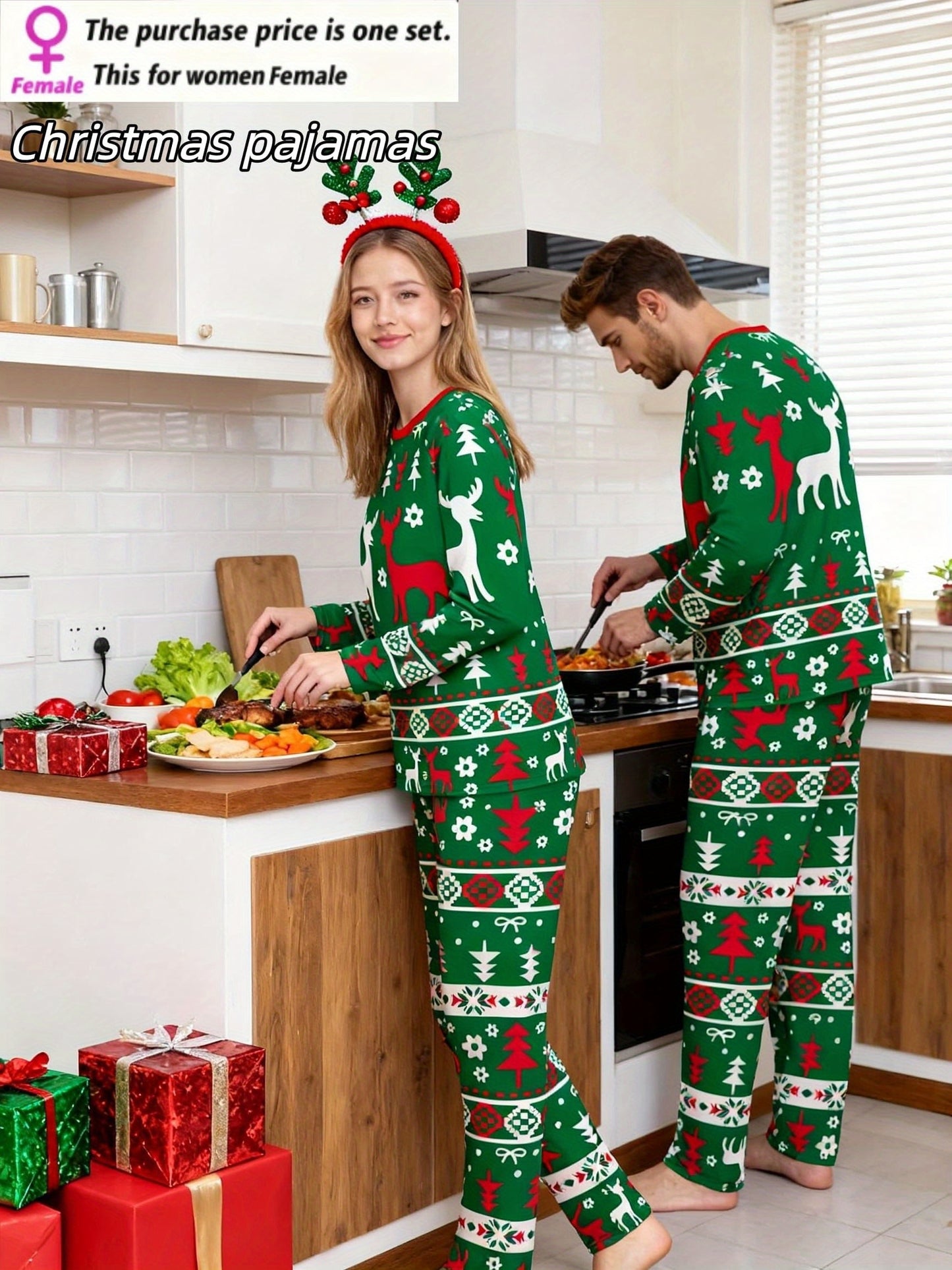 [MEN/WOMEN] Couple Style Christmas Pajamas Loungewear, New Year Gift Christmas Reindeer Print Top with Striped Pants, Long Sleeve Long Pants Pajama Set for Men or Women, Holiday Loungewear Set