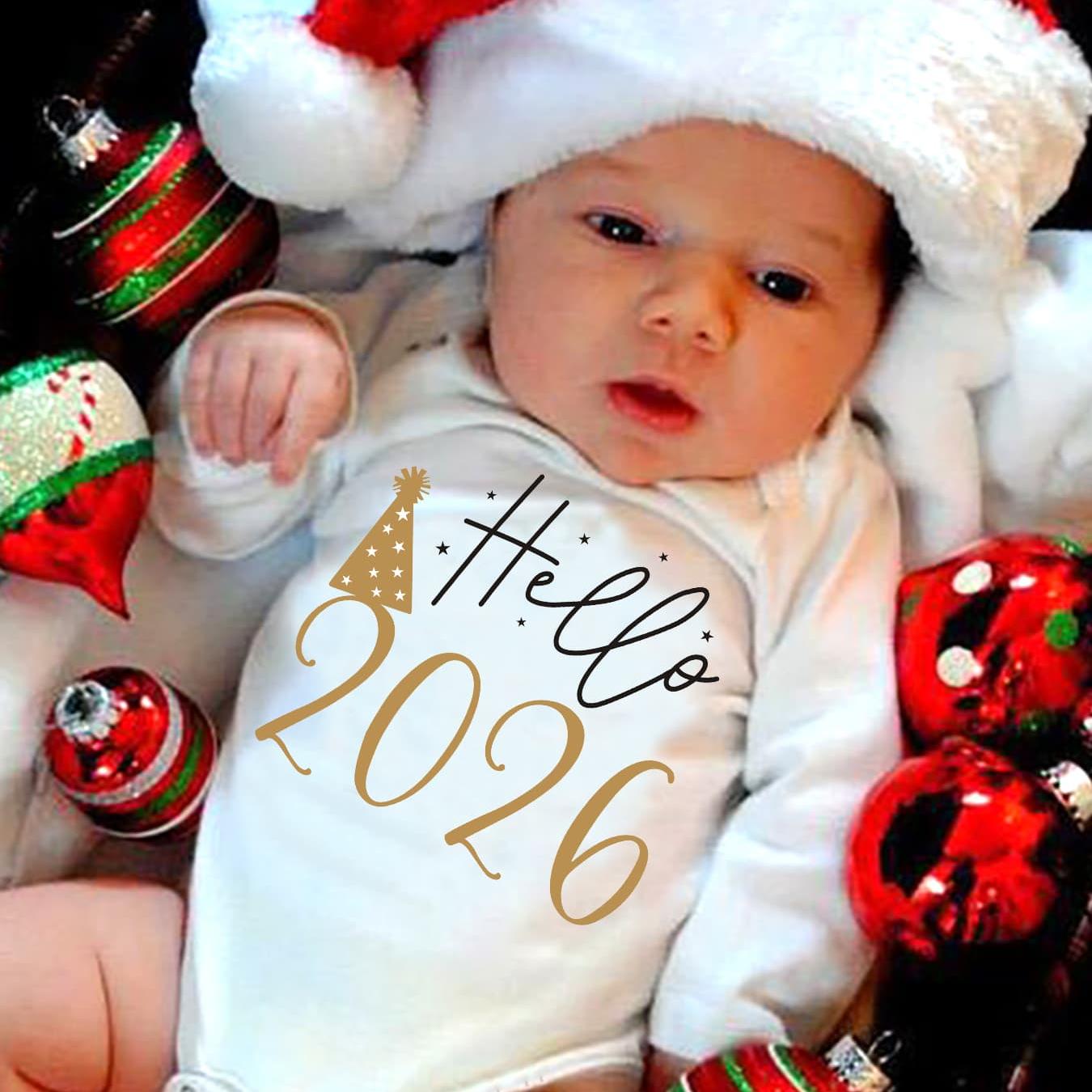 2026 New Year Boys & Girls' Cute Long Sleeve Bodysuit with "Hello 51.46meter Letter Print, Soft Stretch Fabric, Round Neck, Regular Fit, Perfect for Fall/Winter, for Outdoor, Winter Babywear, Playful Babywear, Comfortable Bab