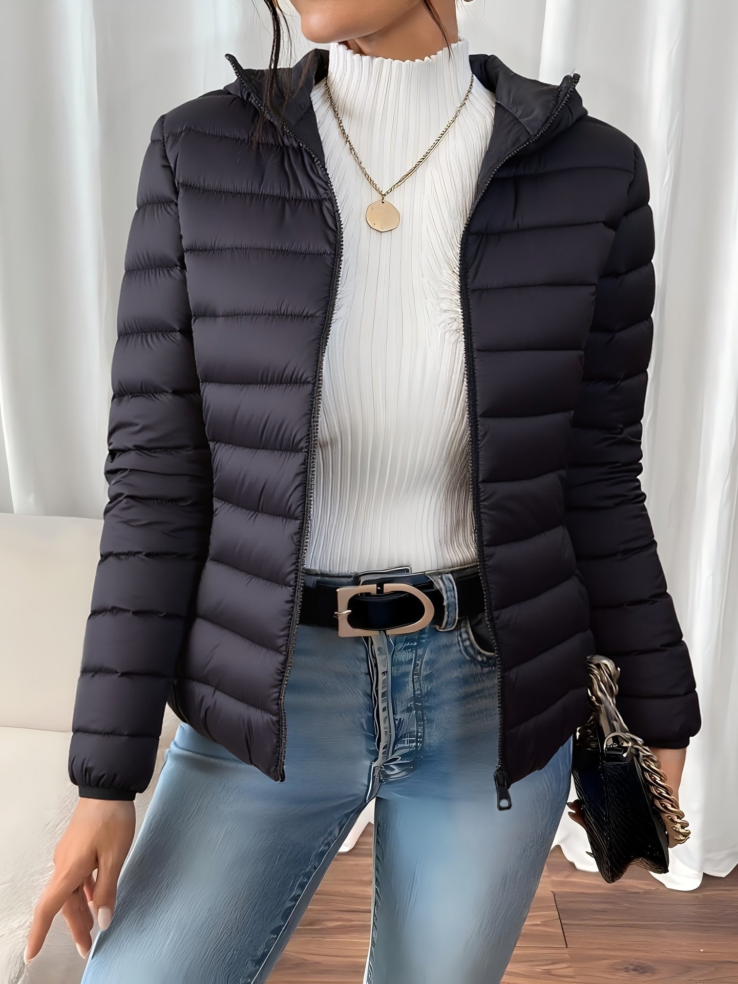 Women'S Hooded Jacket - Lightweight Warm Winter Coat with Non-Stretch Fabric, Elegant Commuter Style, Structured Fit for Everyday & Formal Outfits - Fall/Winter