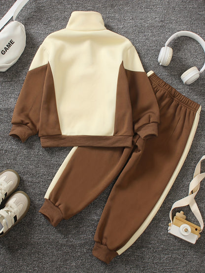 2pcs Set: Young Boys' Autumn/Winter -Lined Sweatshirt and Pants Set, Including a Stand Collar Half-Zip Contrast Long Sleeve Sweatshirt and Elastic Waist Contrast Pants, Very Casual, Comfortable, and Simple, Perfect for Outdoo