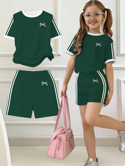 Girls' Butterfly Print Bow Short Sleeve Tee & Shorts Set