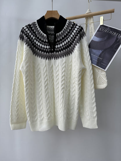 Men's Sweater - Fair Isle Pattern Sweater, Long Sleeve Pullover, Suitable for Autumn and Winter, Medium Stretch Knit Sweater, Suitable for Casual and Formal Occasions, Cold-Resistant, Comfortable and Warm