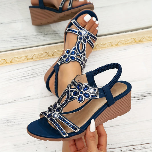Vibrant Comfort   Bohemian Style Women's Rhinestone Wedge Sandals, Open Toe Platform Heel with Elastic Strap, Summer Beach Music Festival Slip-On Shoes, Man-Made Upper/Inner/Insole, TPR Sole, Beach Sandals   Toe Post Sandals