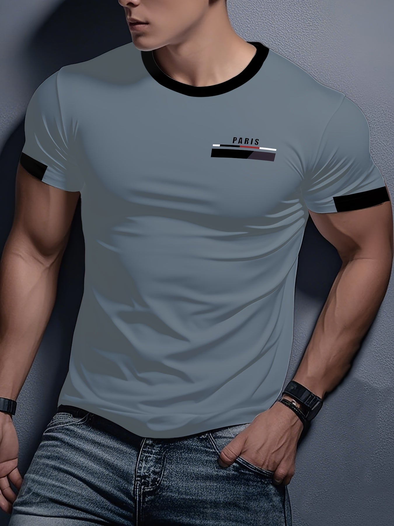 Men'S Paris Graphic T-Shirt - Green Polyester Crew Neck Tee with White Stripes  Print - Casual Sporty Knit Top for Casual Attire, Breathable Fabric