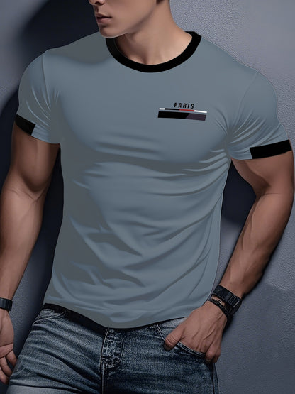 Men'S Paris Graphic T-Shirt - Green Polyester Crew Neck Tee with White Stripes  Print - Casual Sporty Knit Top for Casual Attire, Breathable Fabric