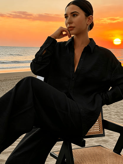 Elegant Solid Color Vacation Set: Loose Long-Sleeve Shirt & Wide-Leg P