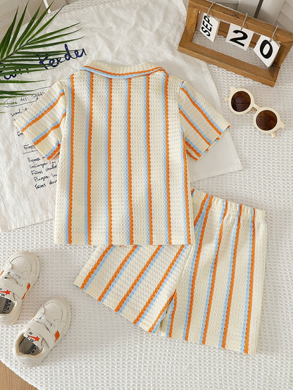 Boys' Summer Striped Waffle Knit Shirt & Shorts Set