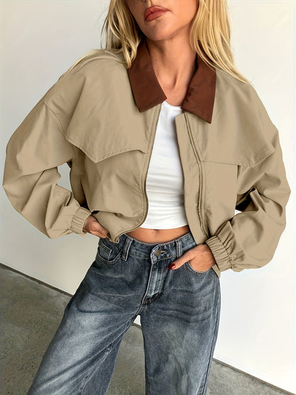 Women'S Lightweight Square Neck Jacket - Beige Casual Spring/Fall Jacket with Brown Trim, Long Sleeves, and Front Pockets for Stylish Layering, Lightweight Jacket