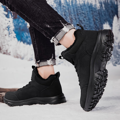 Men'S Mid-Top Winter Snow Boots - Lightweight, Non-Slip, Warm Plush Lining, Durable MD Sole, Black Workwear & Street Style for Outdoor Sports, Hiking, and Daily Leisure, Winter Boots, Hiking Footwear, Sleek Boot Design, Flexi