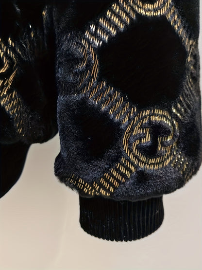 Men'S Winter Faux Fur Jacket | Black & Golden Contrast Design | Notch Lapel Collar | Zippered Closure | Polyester Lining | Stylish & Functional for Formal Occasions, Winter Outerwear | Contrast Color Jacket | Notch Lapel Coll