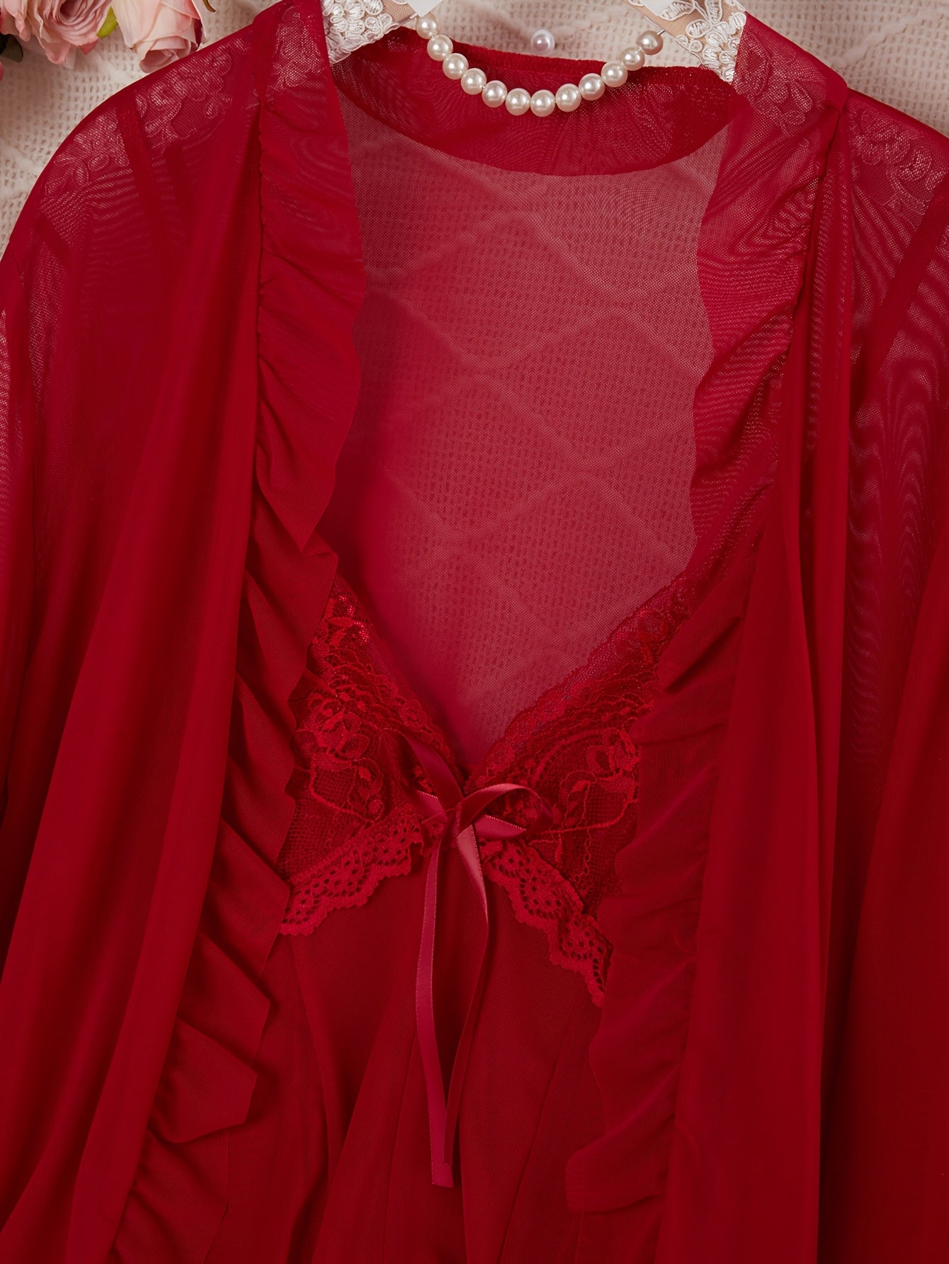 Sexy Mesh Semi-Sheer Strap+Cute Ruffle Long Sleeve Lightweight Mesh Outerwear Pajama Set