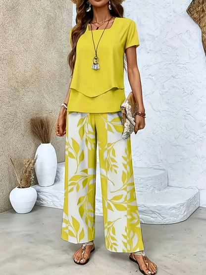 Women's Elegant 2-Piece Set: Crew Neck Top & Printed Pants