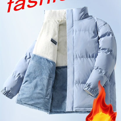 Men'S Double-Sided Fleece-Lined Thickened Jacket - Casual Stand Collar with Letter Print, Regular Fit, Pockets, Polyester Fill, Versatile for Fall/Winter, Winter Jacket