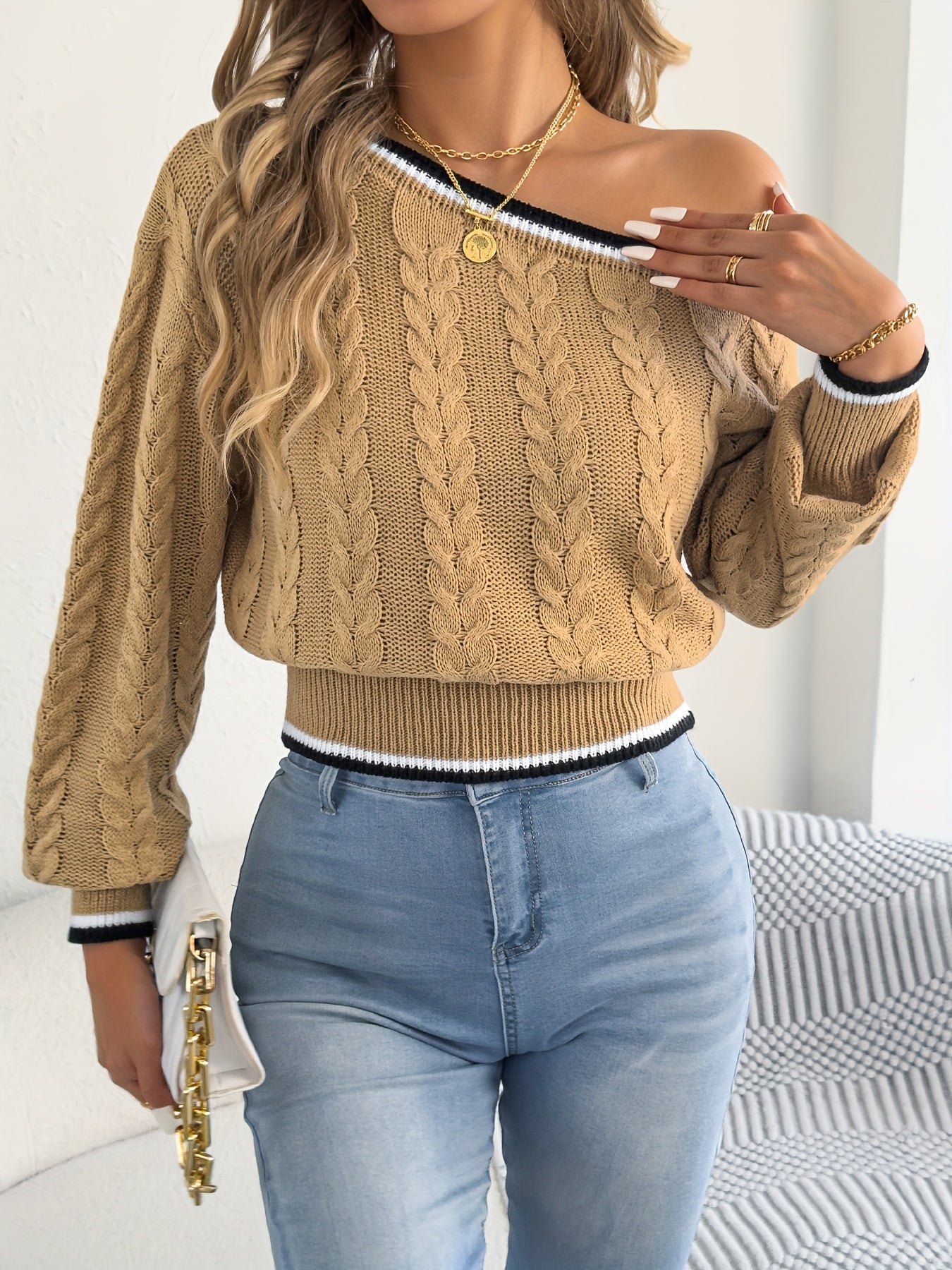 Autumn and Winter Casual Vacation Off-Shoulder Long Sleeve Pullover Sweater with Waist Cinching Striped Cable Stitch Women's Cardigan