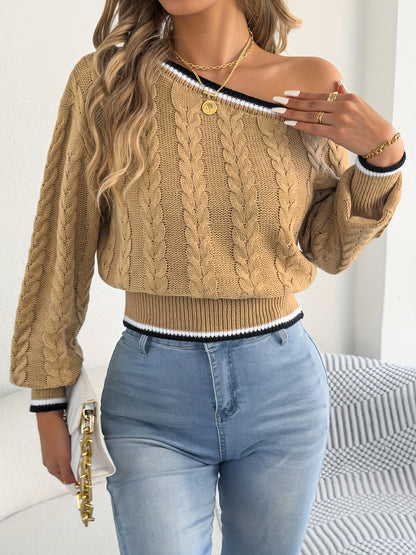 Autumn and Winter Casual Vacation Off-Shoulder Long Sleeve Pullover Sweater with Waist Cinching Striped Cable Stitch Women's Cardigan