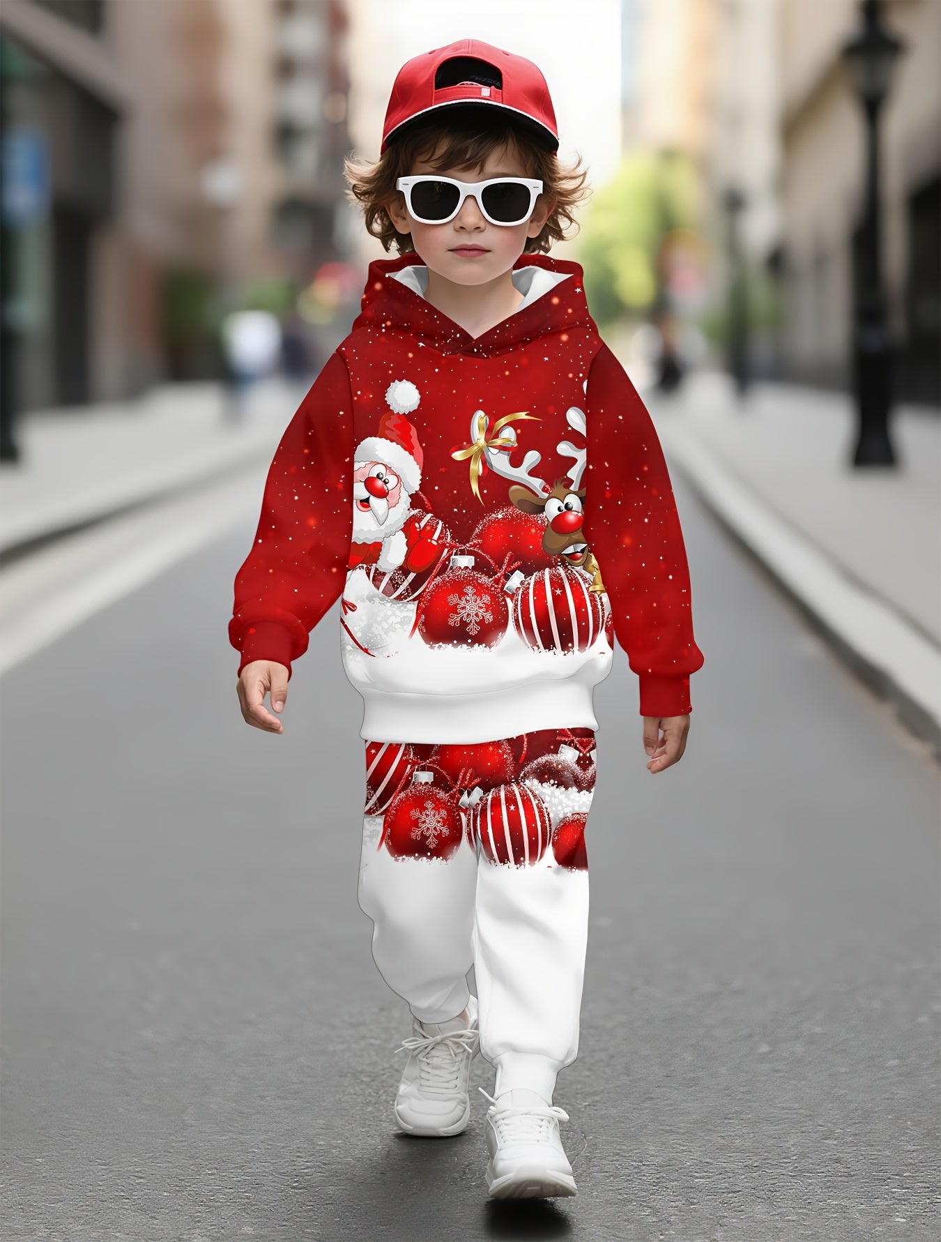 Spring and Autumn Boys' Hooded Sweatshirt 2pcs Set, Red and White Polka Christmas Cool 3D Gift Print Pattern, Matching Shirt and Joggers, Suitable for Outdoor Indoor