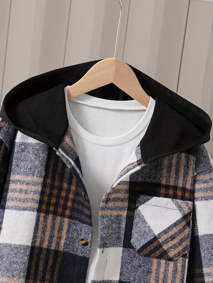 Boys' Fleece Plaid Hooded Long Pants Set, Perfect for Outdoor