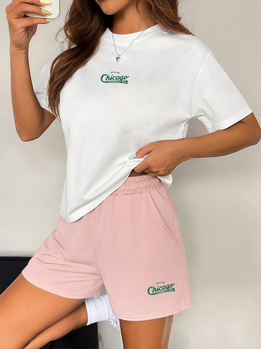 Summer Women’s Two-Piece Set with Cartoon Print & Crew Neck