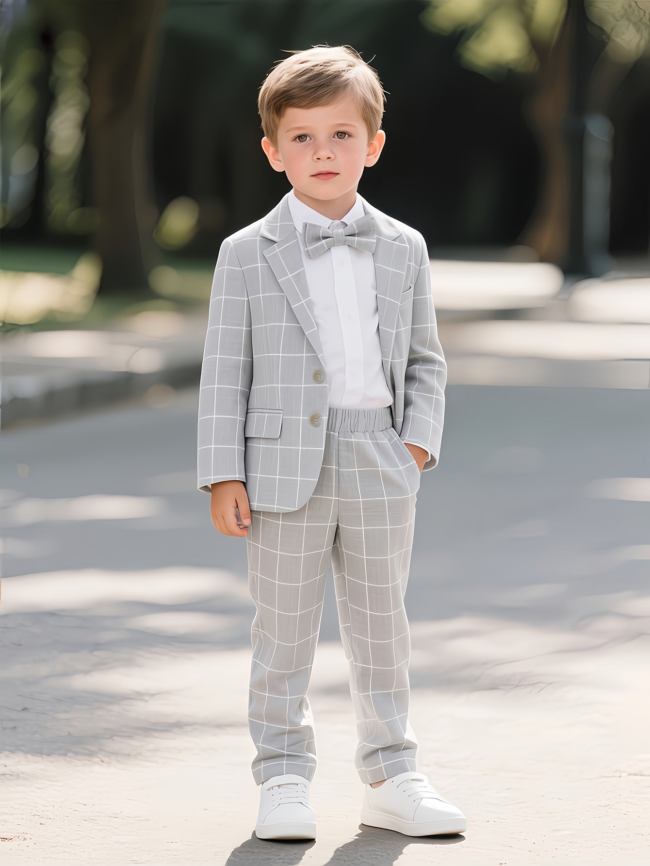 Boys 3-Piece Plaid Suit with Bow Tie for Parties & Weddings