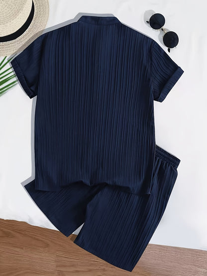 Men's Summer Casual 3-Button Henley Shirt & Drawstring Shorts Set