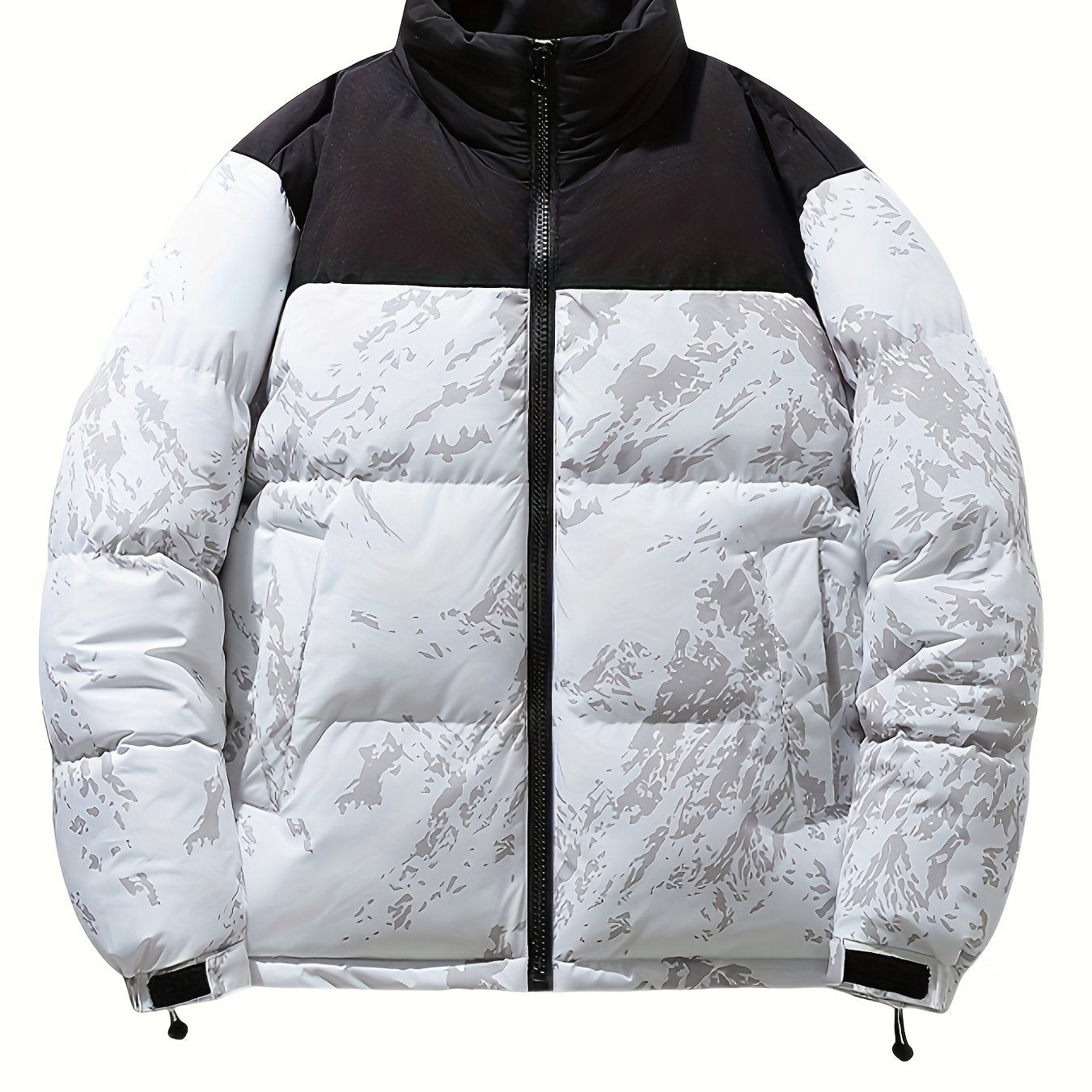 Men's Winter Jacket Windproof Coat with Stand Collar & Camo Marbled Pattern (Black/White/Grey) - Thickened Padded, Full-Zip Closure, for Skiing,, Outdoor Activities - Cold Weather Survival