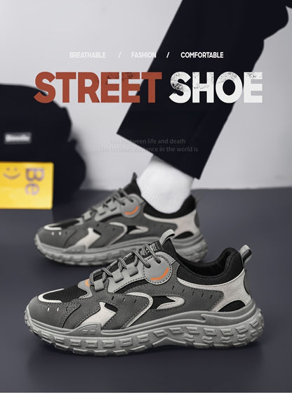 Men's Trendy Chunky Sneakers - Breathable Mesh  PU Upper, Durable PVC Sole, Lace-Up Casual Sneakers in Gray, Black  Orange, All-Season Comfort for Casual Attire