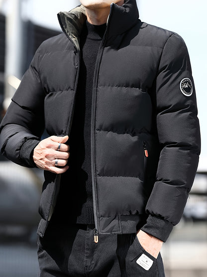 Men's Lightweight Jacket with - Winter Warm Coat, Stand Collar & Zippered Pockets, Beige/ & Black, Machine Washable (No Dry Clean) - Casual & Formal Outerwear for Cold Weather (-Filled)