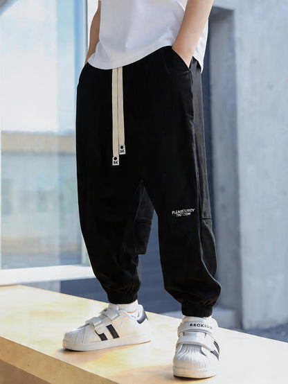 Boys' Gray Loose-Fit Sports Pants with Elastic Waistband
