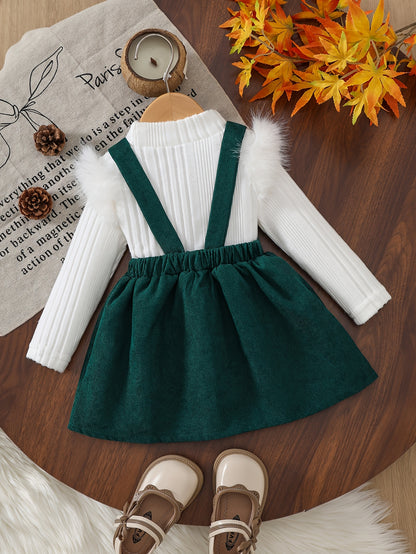 2pcs Baby Winter Outfit Set: Cozy Fluffy Sleeve Smock Dress & A-Line Bow with Collar & Fringe Trim - Soft Warm Clothes for Photoshoots, Christmas (Hand Washable), Perfect for Outdoor