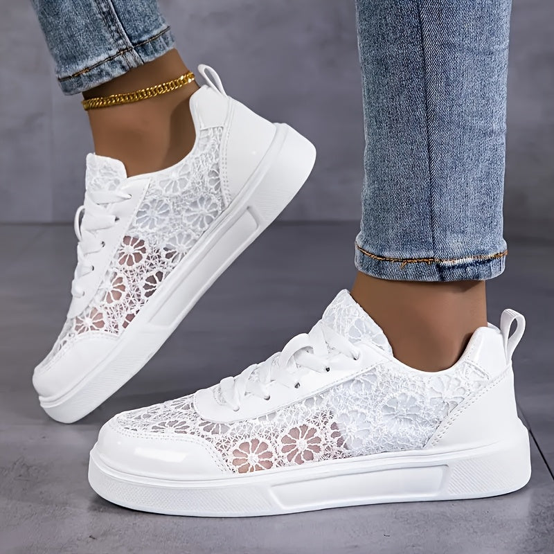 Women'S Elegant Lace Sneakers - Breathable Fabric Upper, White with Floral Pattern, Lightweight  Soft Sole, Durable EVA, Perfect for Daily Work, Sports, Summer Outings  Vacations, Casual Footwear   Elegant Sneaker   Comfort