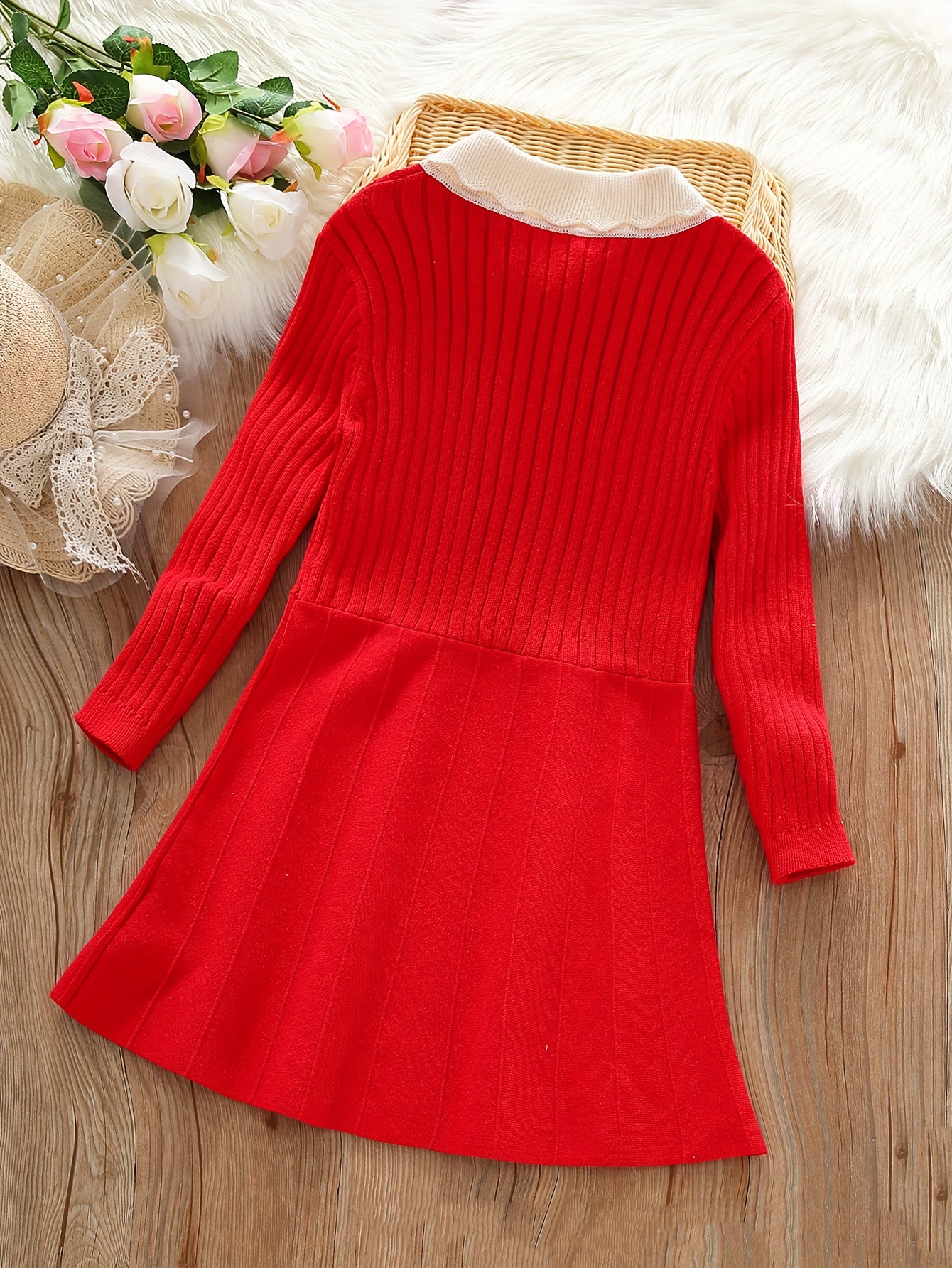 Girls' Preppy Knit Midi Dress with Embroidered Pattern, Long Sleeve