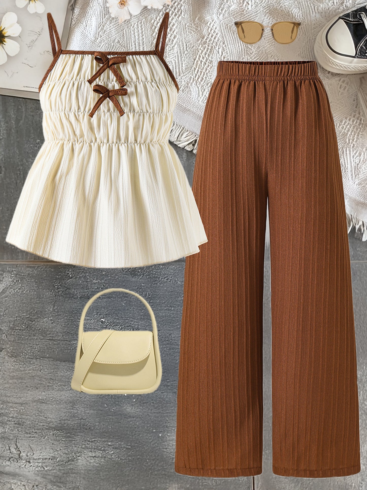 Girls' Casual Bow Tie Camisole & Solid Pants Set for Spring-Summer