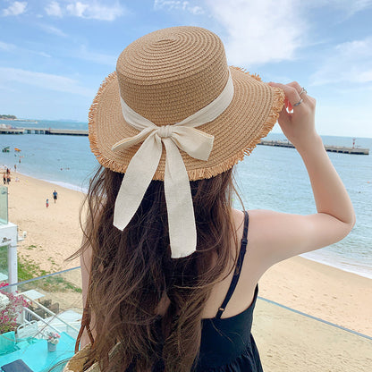Women's Linen Bucket Hat with Ribbon Bow, Breathable Summer Sun Hat