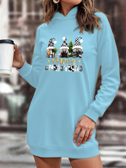 Women's Christmas Gnome Print Hooded Sweatshirt Dress - Soft Slim Fit Sweater Dress with Holiday Cheer Gnome Patterns, All-Season Casual Dress for Christmas Party Outfits (Machine Washable)