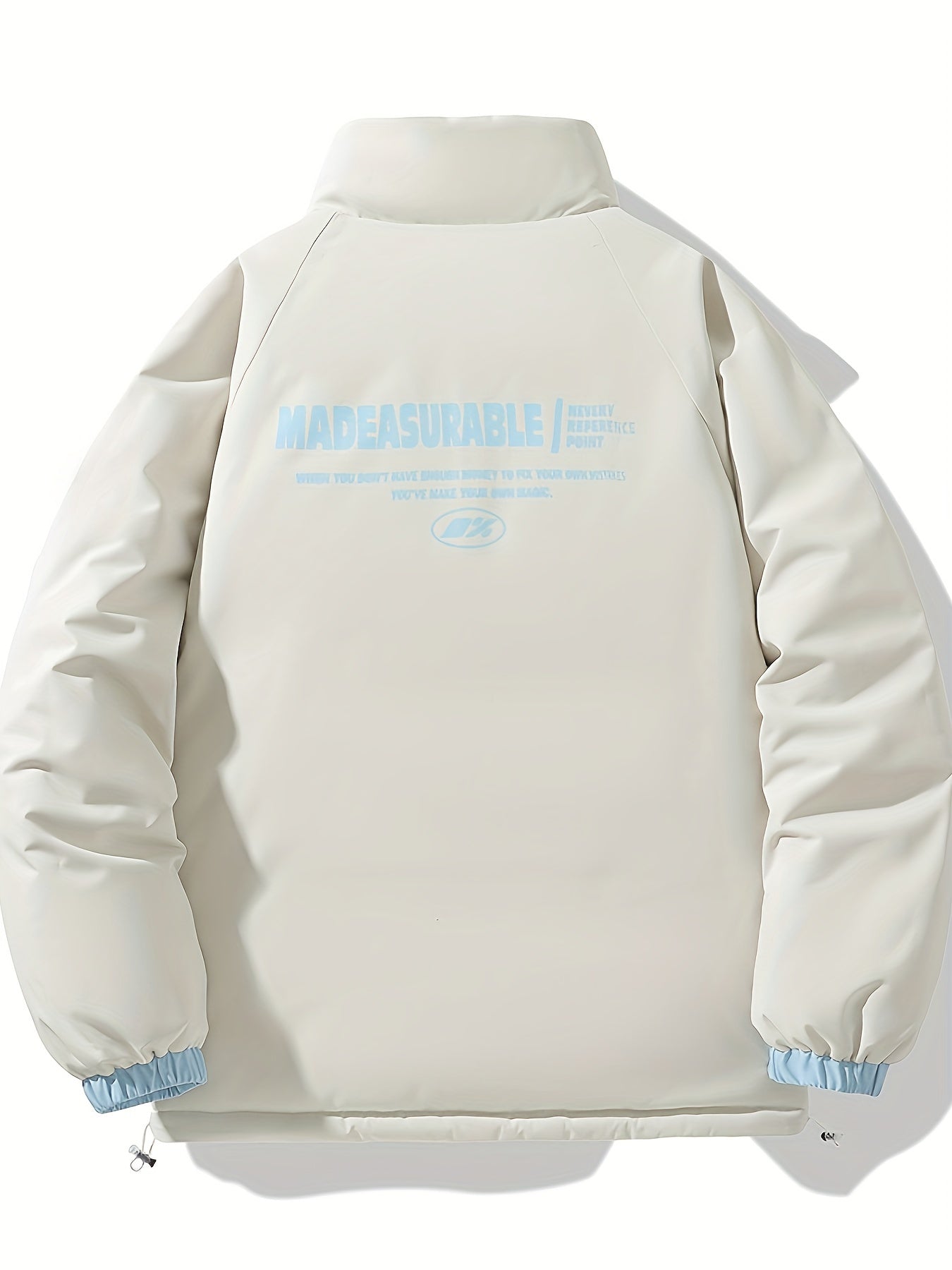 Men'S Double-Sided Winter Jacket - Thickened Stand Collar, Zip-Up Casual Long Sleeve Coat with "MADEASURABLE" & "I CONUT" Branding, Black & White, Regular Fit for Autumn & Winter, Autumn Outerwear, Bold Lettering, Durable Fab