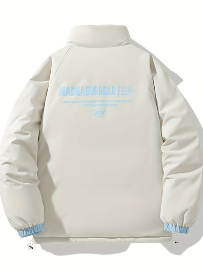 Men'S Double-Sided Winter Jacket - Thickened Stand Collar, Zip-Up Casual Long Sleeve Coat with "MADEASURABLE" & "I CONUT" Branding, Black & White, Regular Fit for Autumn & Winter, Autumn Outerwear, Bold Lettering, Durable Fab