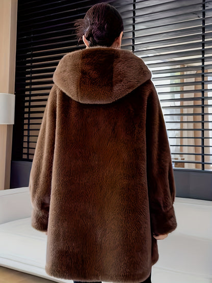 Women's Oversized Faux Fur Coat with Plush Collar & Full-Length Fur Trim - Winter Warm A-Line Mid-Length Jacket, Machine Washable Large Size Winter Coat for Women, Elegant Outerwear for Casual & Formal Events (Solid Black, Br