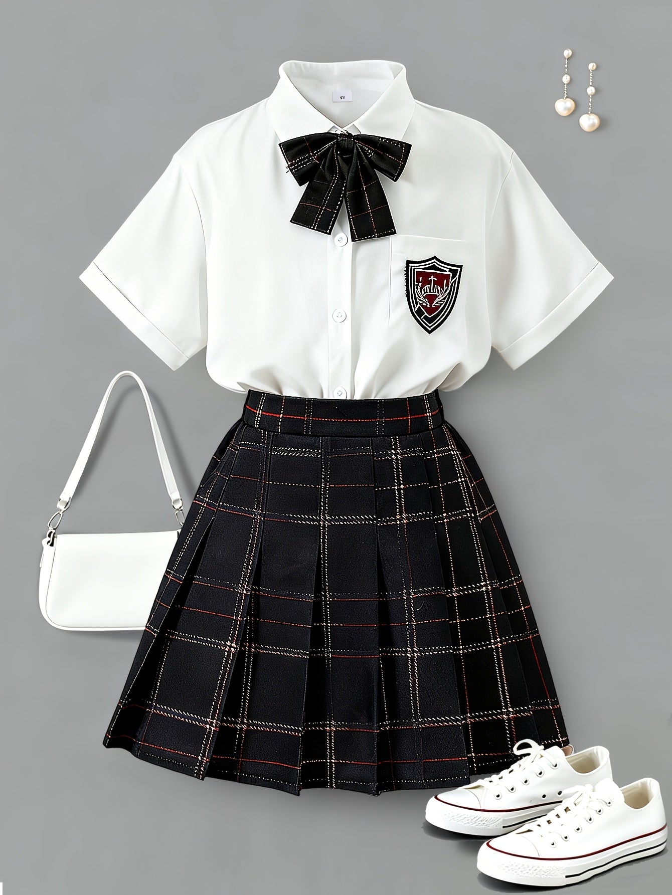 Girls' Preppy JK Uniform Set with Plaid Skirt & Bow Tie